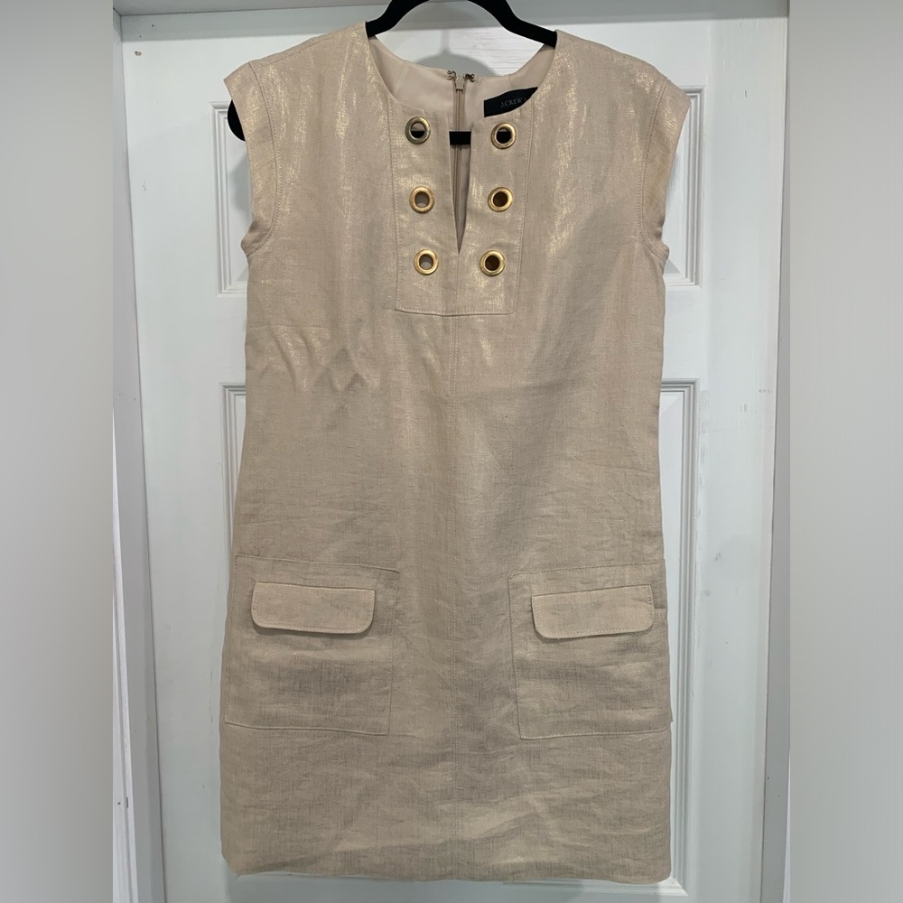 NWT J Crew Sz 2 Golden Flax Metallic Linen Shift Dress F2537 Grommets
